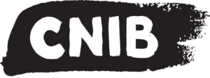 CNIB logo: white letters on a black brushstroke background