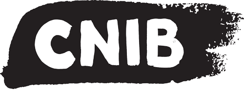 CNIB logo: white letters on a black brushstroke background