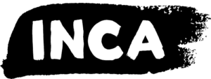 INCA logo: white letters on a black brushstroke background.