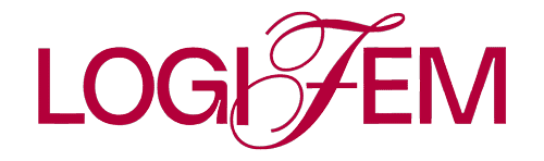 Stylized company logo with bold white letters over a black background, overlapped by pink cursive script.